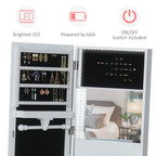 White jewelry cabinet with built-in LED light strip and mirrored interior