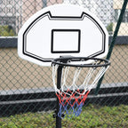White basketball backboard with black outline and net on black stand, outdoor view