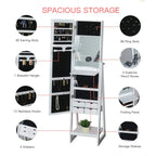 White jewelry cabinet organizer with drawers, shelves, and hanging hook sections