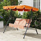 Orange 3-seater garden swing chair with striped cushions and canopy, black frame outdoors