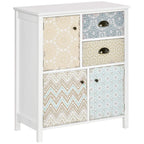 White sideboard cabinet with patterned multi-color doors, two drawers, bronze knobs