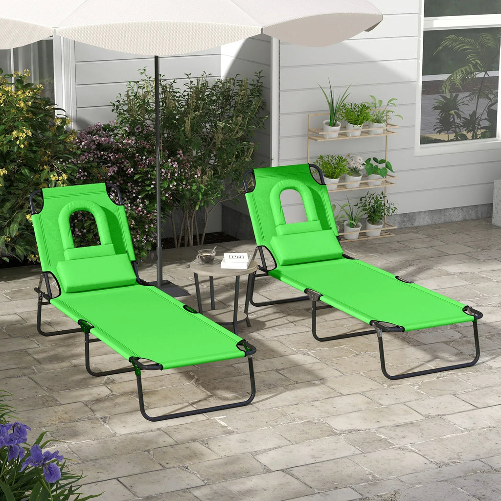 Folding Sun Loungers Set of 2 with Face Hole, 4-Position Adjustable Backrest Garden Recliner Chairs Sunbeds, Outdoor Lounge Chairs with 600 D Oxford Cloth Seat, Pillow for Beach, Green - Bobobiy