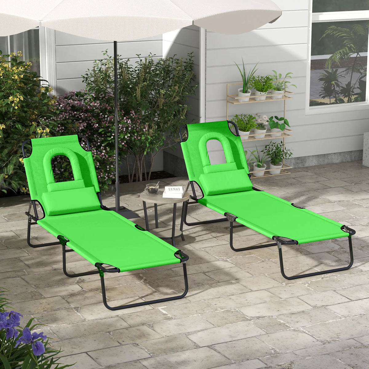 Outsunny Folding Sun Loungers Set of 2 with Face Hole, 4-position Adjustable Backrest Garden Recliner Chairs Sunbeds