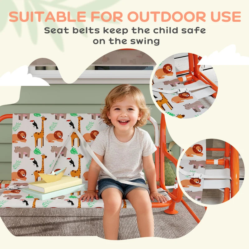Kids swing bench with animal-pattern seat and seat belts, orange frame