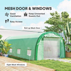 Green polytunnel greenhouse with roll-up mesh door and mesh windows