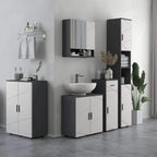 Light grey and white bathroom storage cabinet with mirror doors in a wall unit