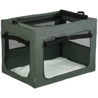 Grey fabric pet carrier box with front mesh door and removable white cushion.