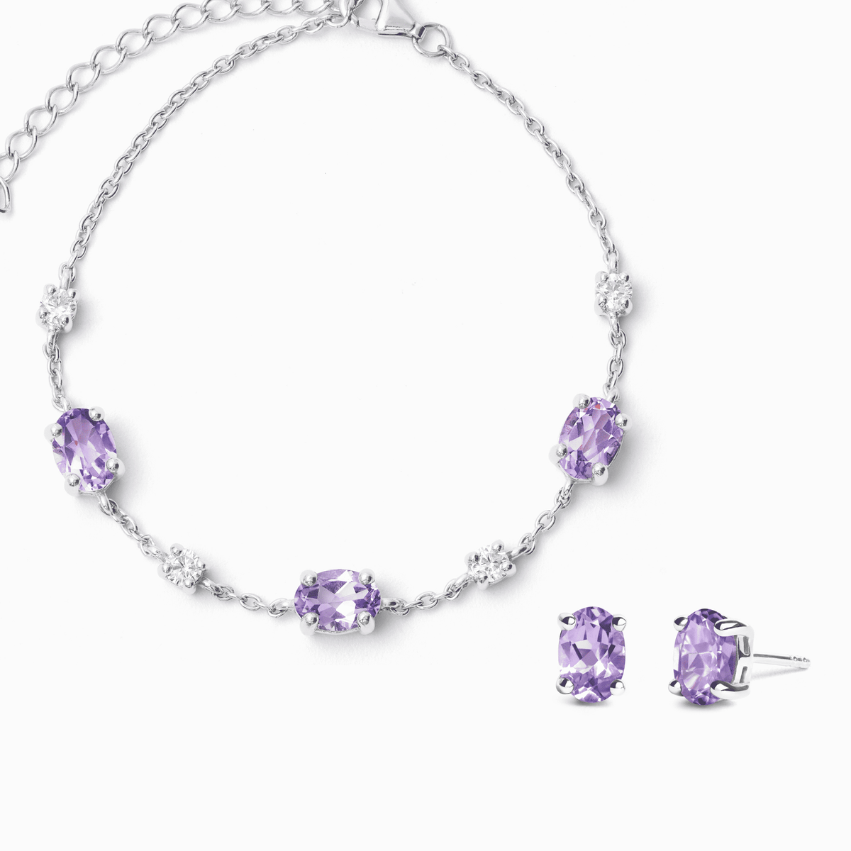 Sterling silver amethyst mini jewelry set with purple gemstone necklace and stud earrings