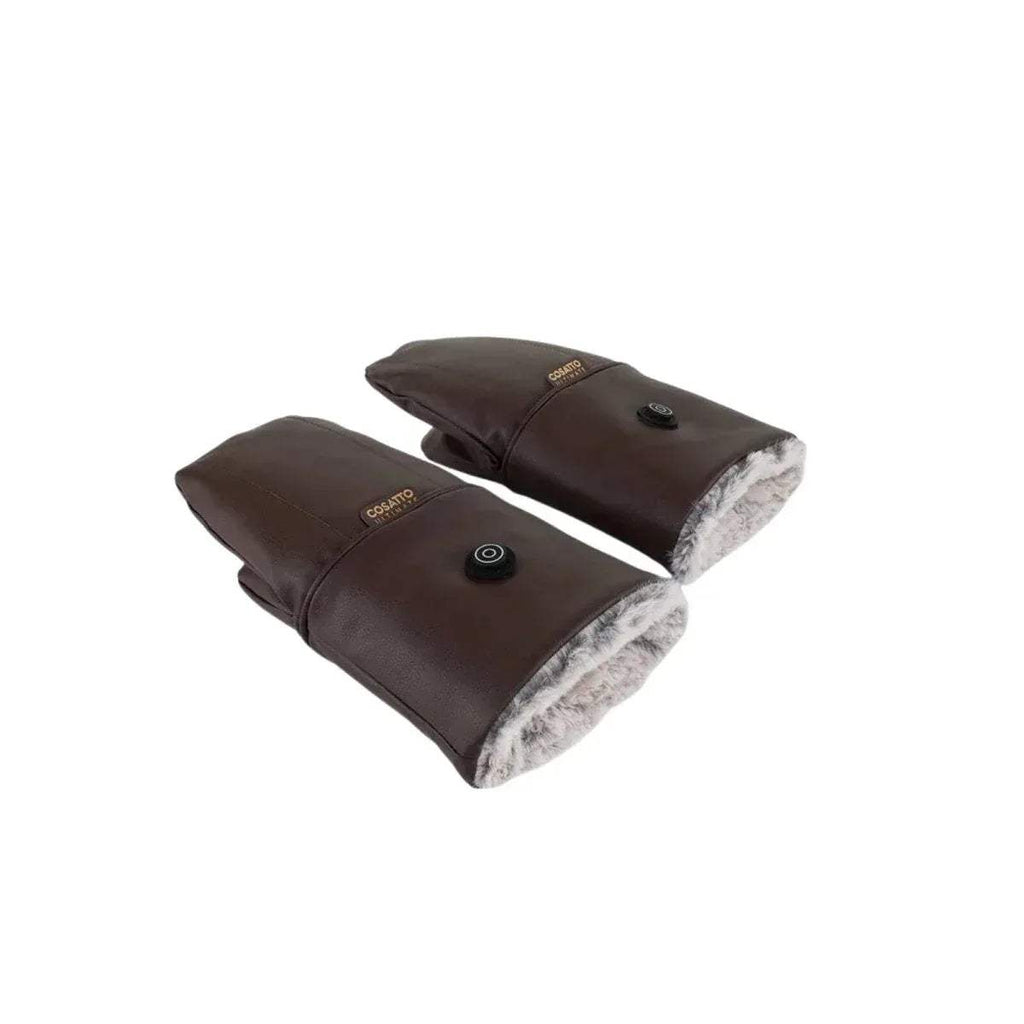 Brown heated snuggle mitts with soft fur lining and touch control buttons