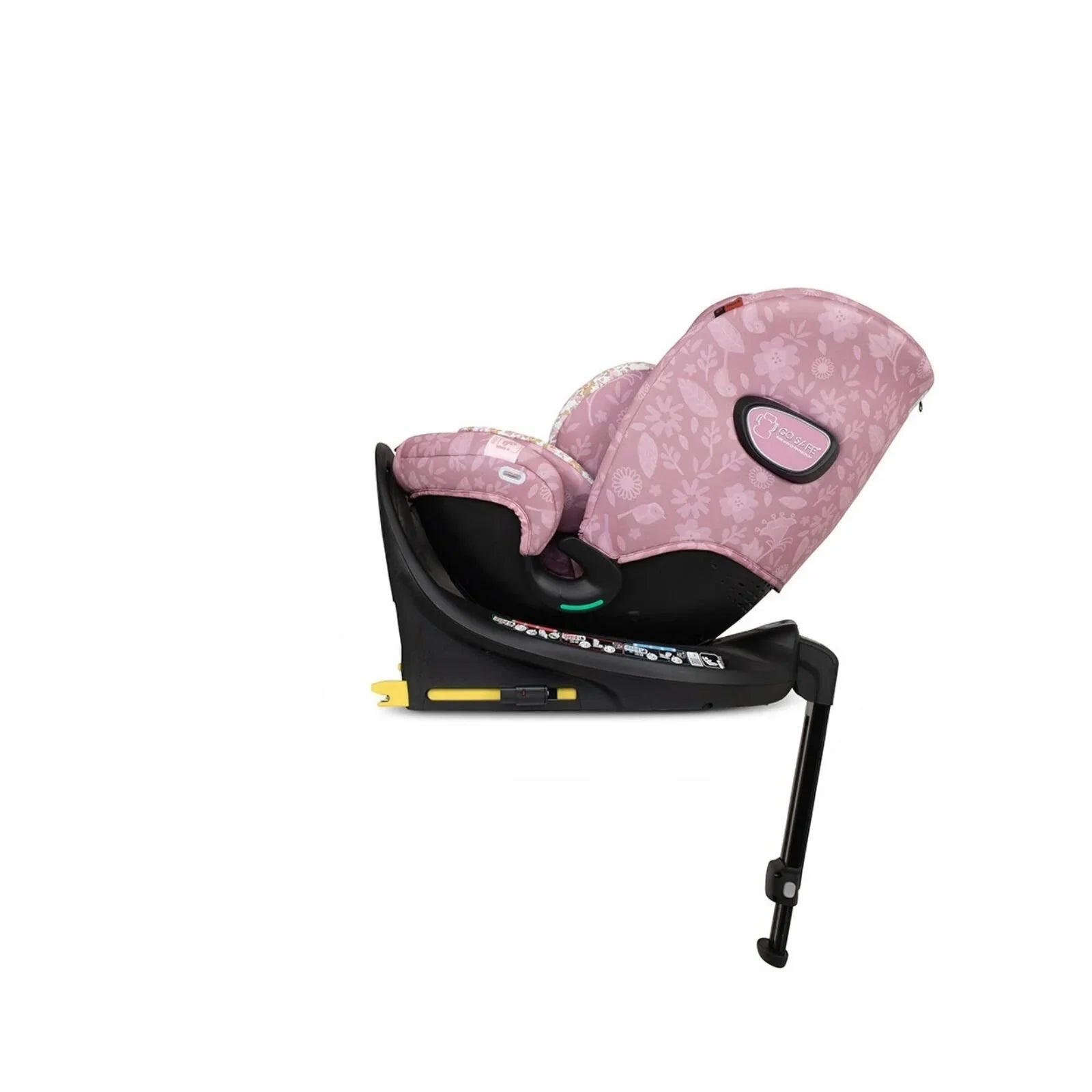 Cosatto i-Size car seat angled view with pink floral headrest and side bolsters