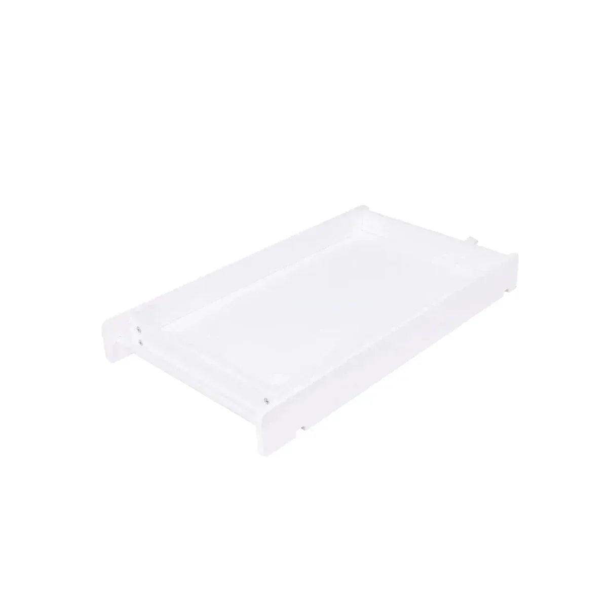 White changing table with safety rails and flat top