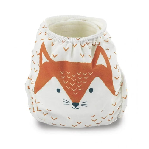 Fox-pattern reusable cloth nappy, white base with orange fox face and ear print