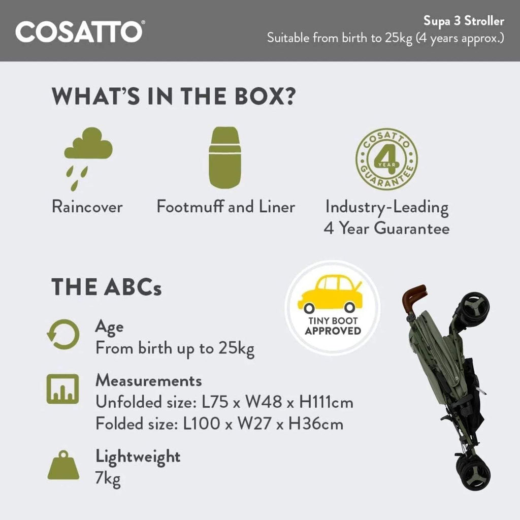 Cosatto Supa 3 stroller box contents information graphic with icons and sizing details