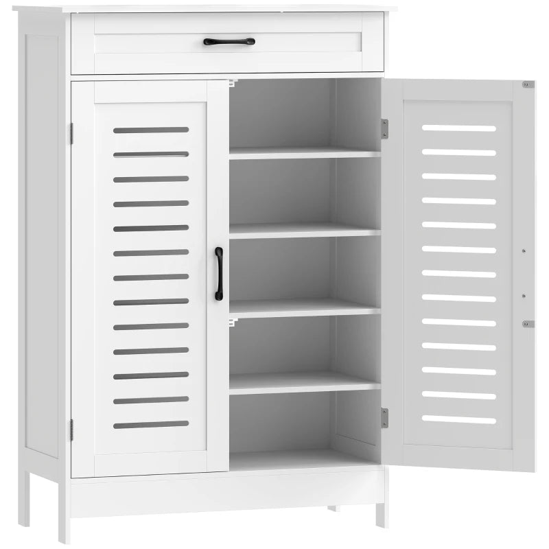 White shoe cabinet with louvered doors, open storage shelves and center drawer