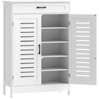 White shoe cabinet with louvered doors, open storage shelves and center drawer