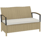 Khaki two-seater outdoor storage bench with padded seat cushion and curved armrests