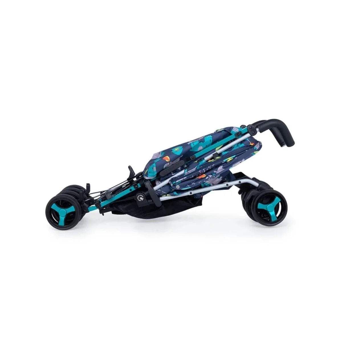 Folded dragon-themed stroller with teal details and 4 compact wheels