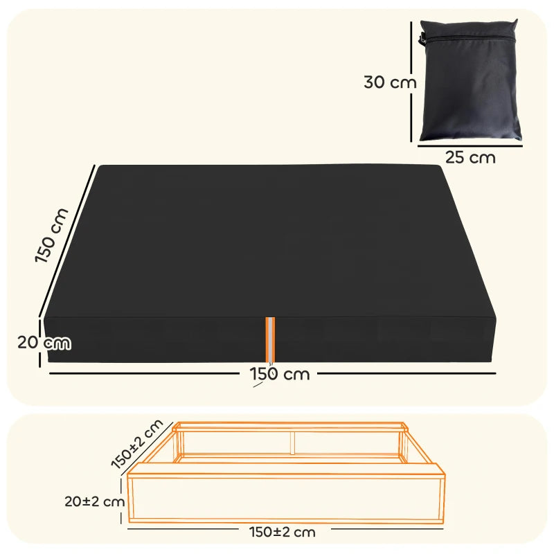 Black square sandbox cover with orange reflective strip, elastic edge, size markings