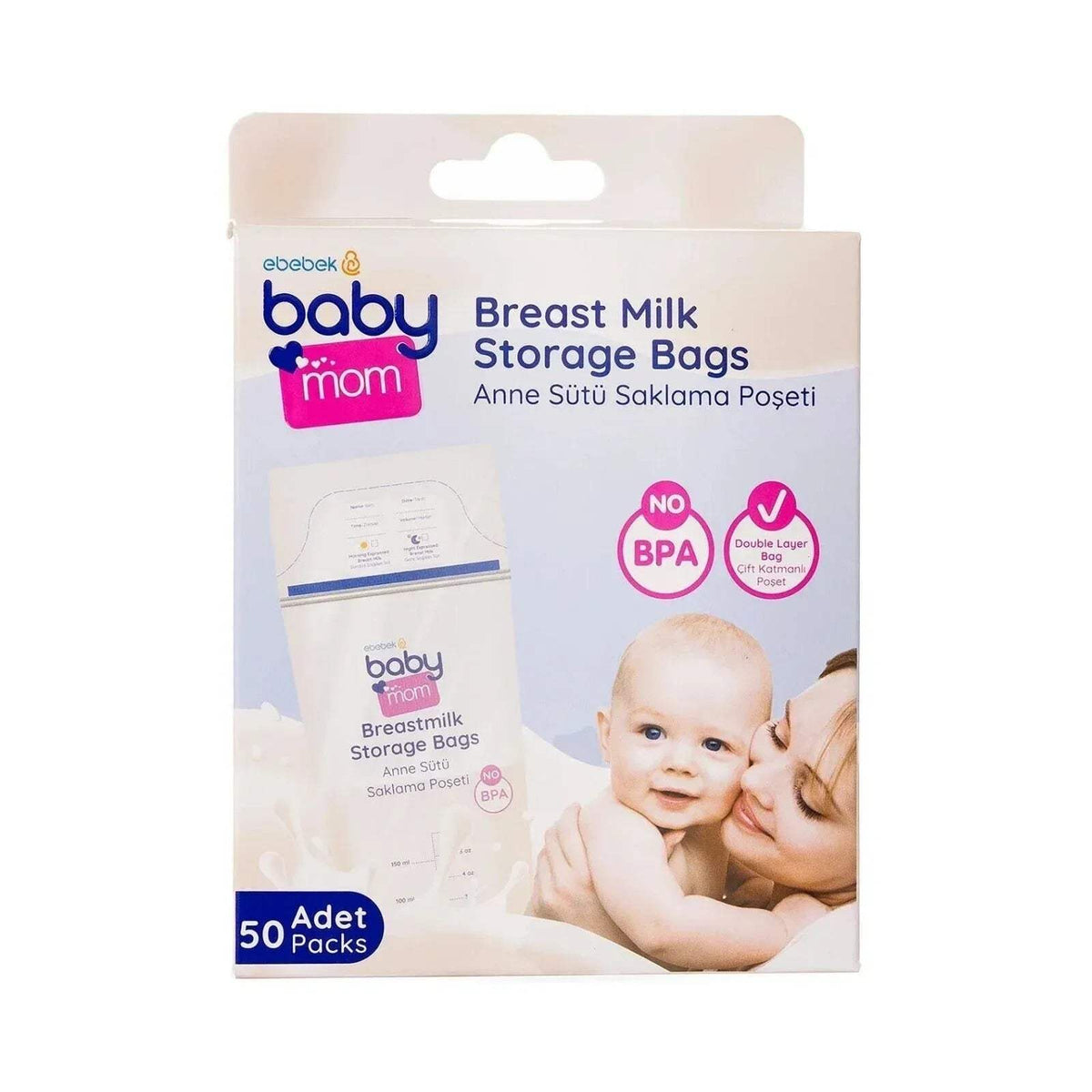 Baby breast milk storage bags 50 count package with BPA and no BPA icons