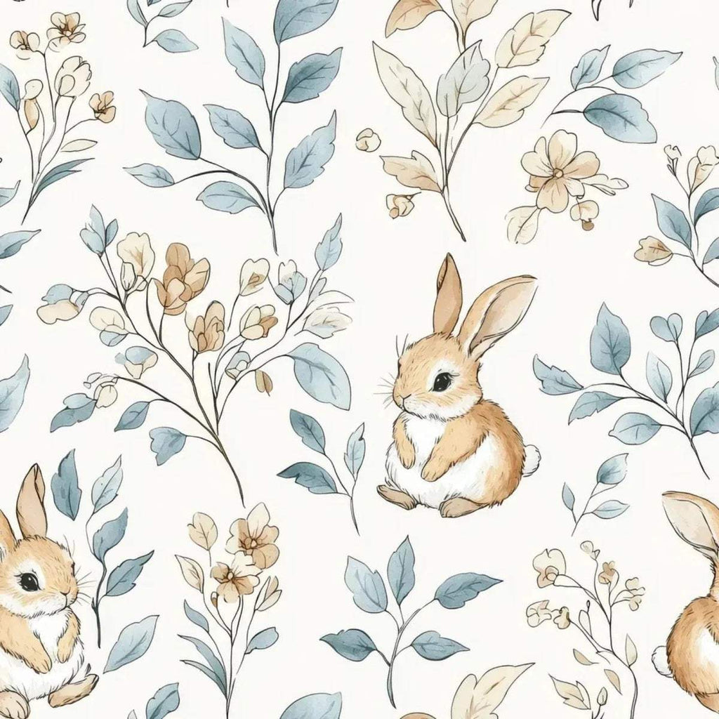 Close-up of blue and cream botanical rabbit wall panel with detailed bunny artwork