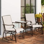 Outdoor gliding chair set with beige cushions, dark frames, and glass-top side table