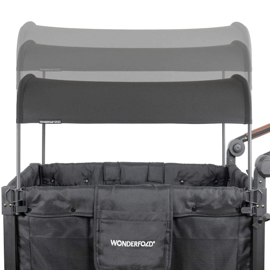 Stroller wagon canopy and front organizer panel above two padded seat cushions