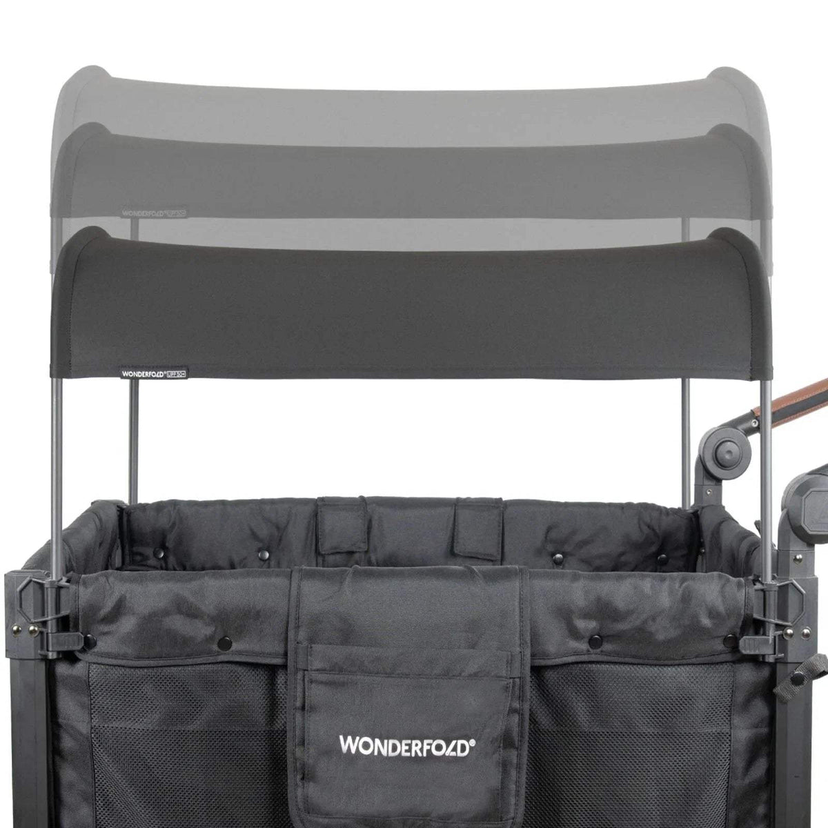 Stroller wagon canopy and front organizer panel above two padded seat cushions