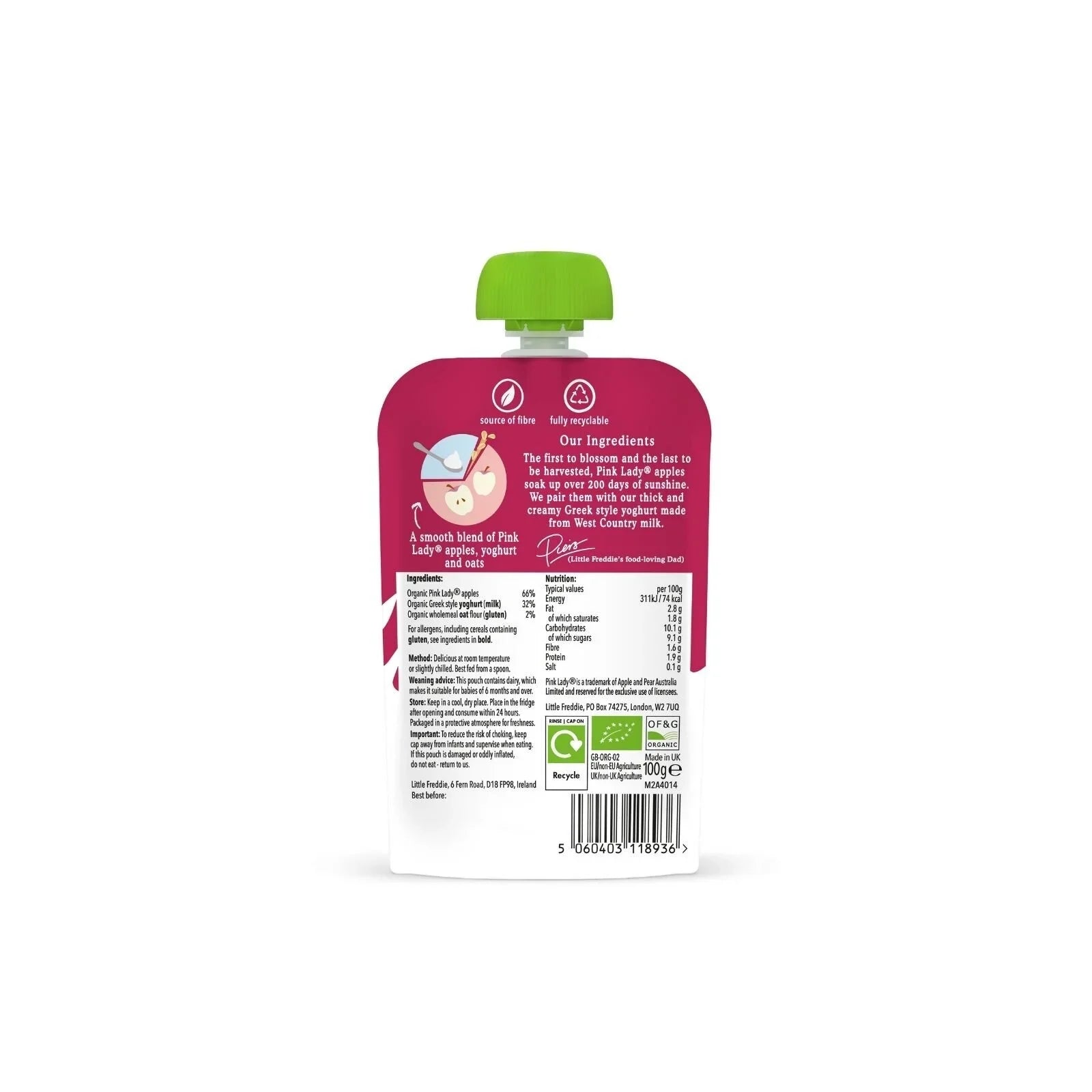 Greek-style yoghurt baby food pouch back, green cap, product information panel, 6+