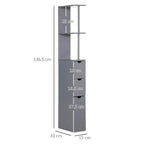 Grey tall bathroom cabinet with two open shelves and three drawer fronts.