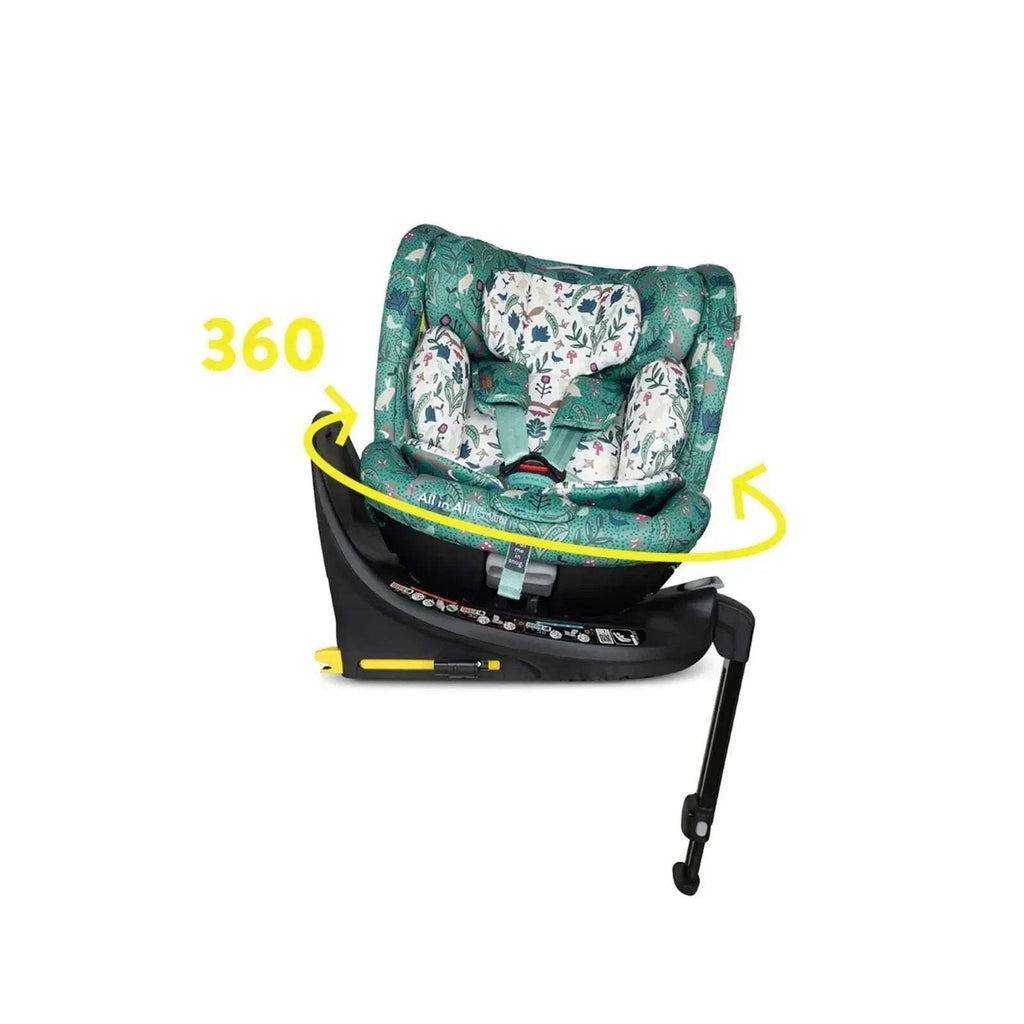 360 rotating infant car seat in green woodland fabric with adjustable position arrows