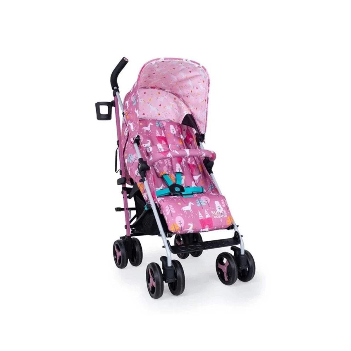 Pink unicorn print stroller side view with canopy and padded seat, black chassis