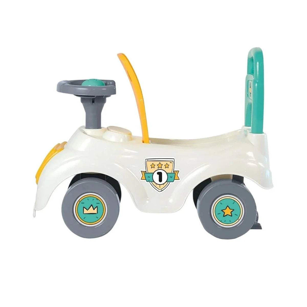 White sit-and-ride car with teal side handle, yellow accent stripe, and gray wheels