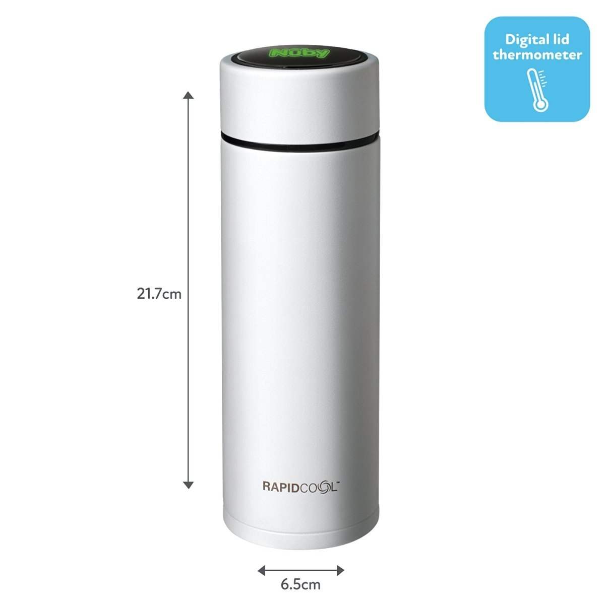 White insulated RapidCool formula thermos bottle with black lid