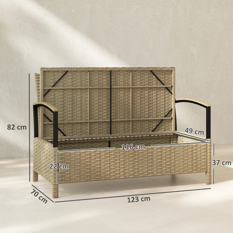 Khaki outdoor storage bench with padded seat and open lid storage compartment, size shown
