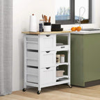 White kitchen island cart with wood tabletop, drawers, and open shelving on wheels.