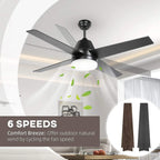 Black flush-mount ceiling fan with LED light and reversible airflow blade indicators