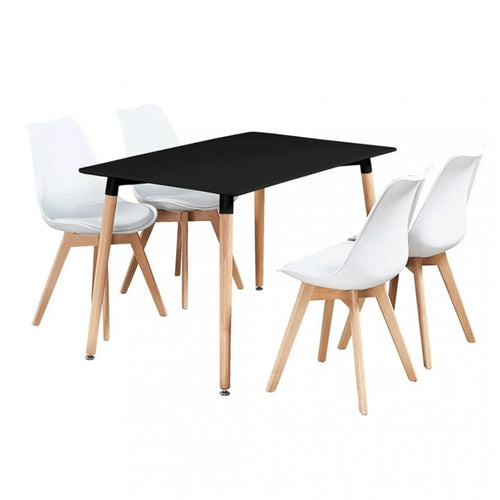 Dining table with black top and four white tulip chairs with light-wood legs