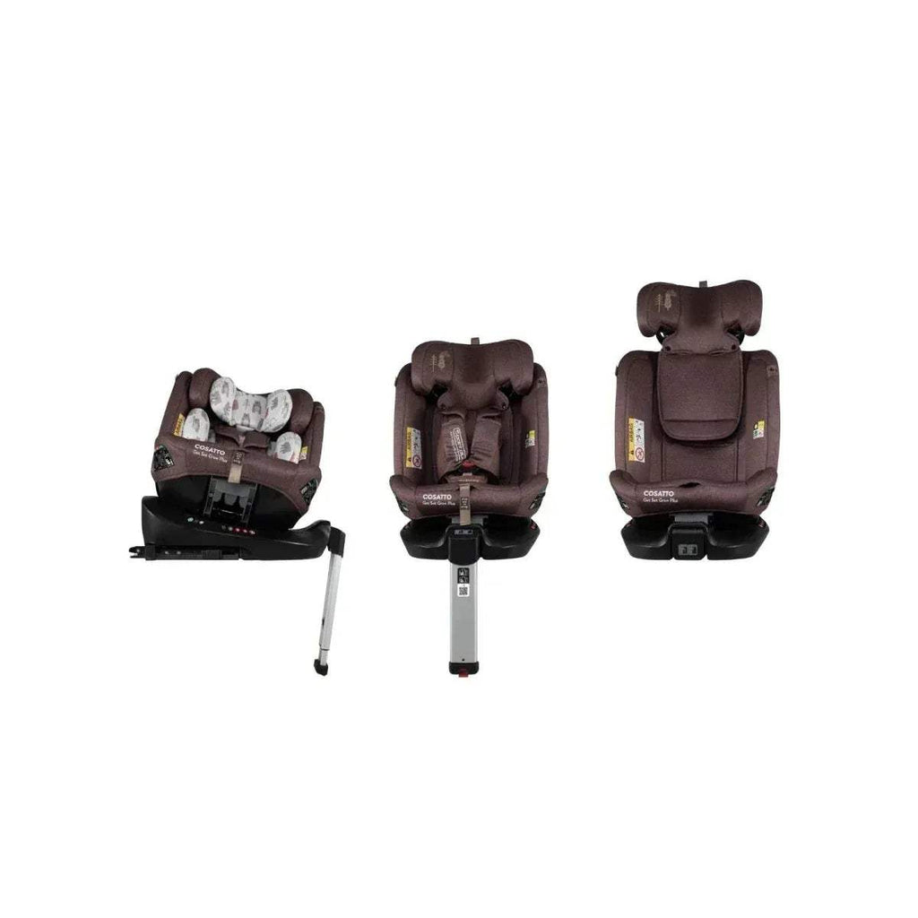 Cosatto group 0-1-2-3 car seat in brown, shown from multiple angles