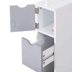 Open bathroom cabinet showing white interior and gray drawers with metal hinges
