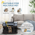 Portable multi-pet playpen with mesh side panels and low front door, grey and black