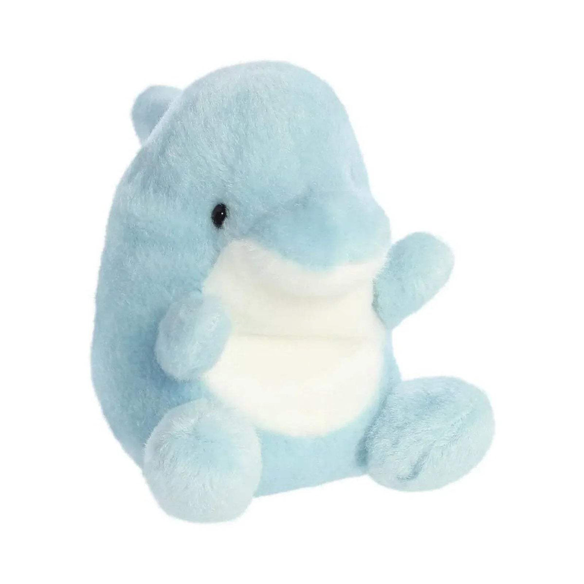 Light blue plush dolphin toy with white belly and small round ears