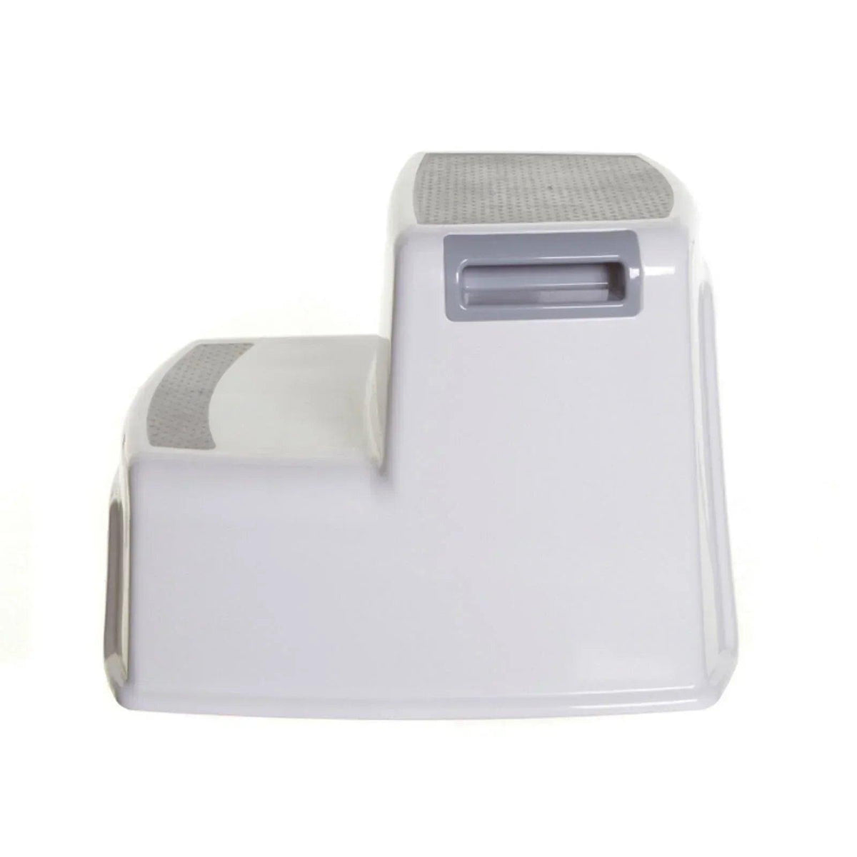 White two-step step stool from front angle with textured top and handle opening