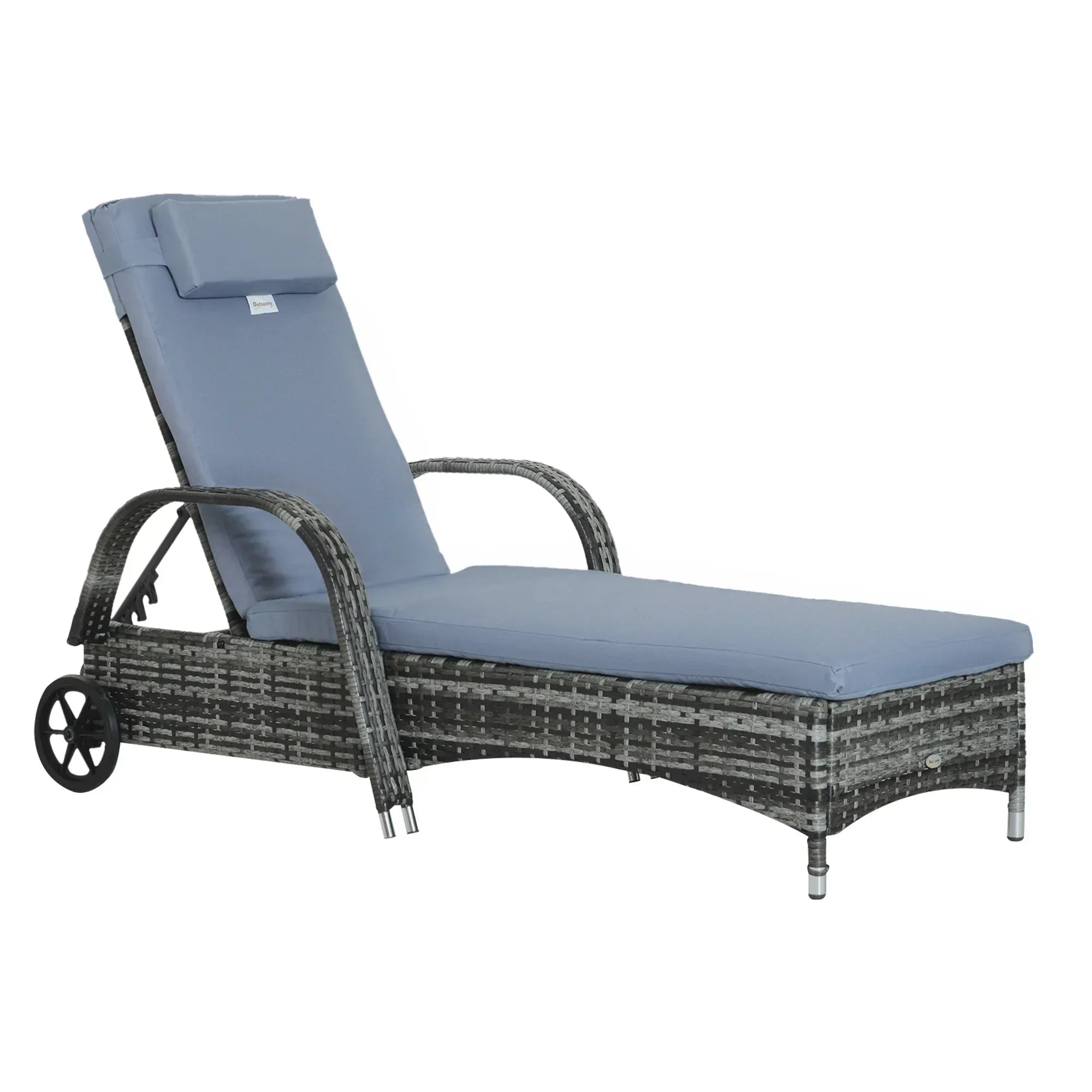 Garden Rattan Furniture Single Sun Lounger Recliner Bed Reclining Chair Patio Outdoor Wicker Weave Adjustable Headrest with Fire Retardant Cushion - Grey - Bobobiy