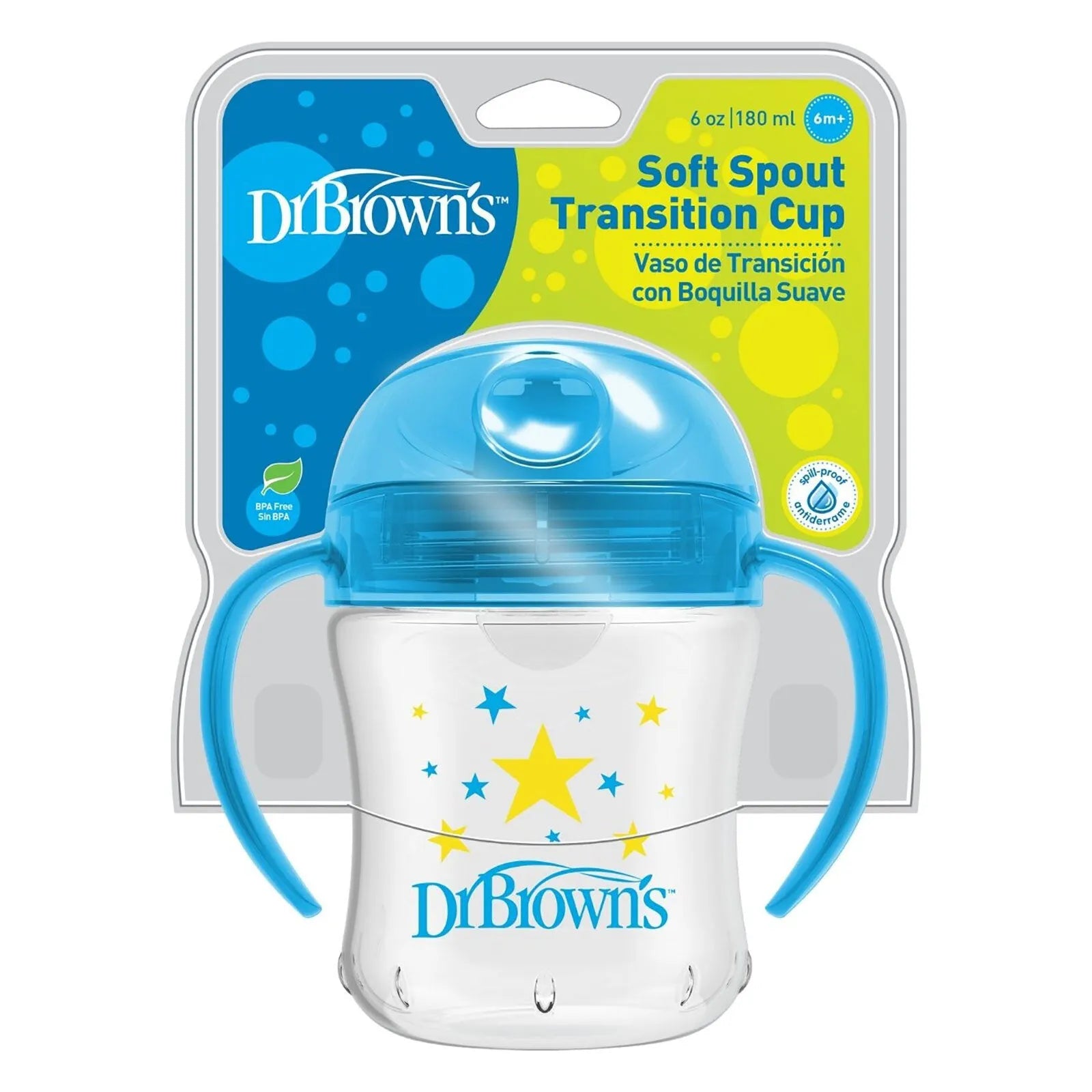 Blue soft spout transition cup with handles, star print, and Dr. Brown's logo