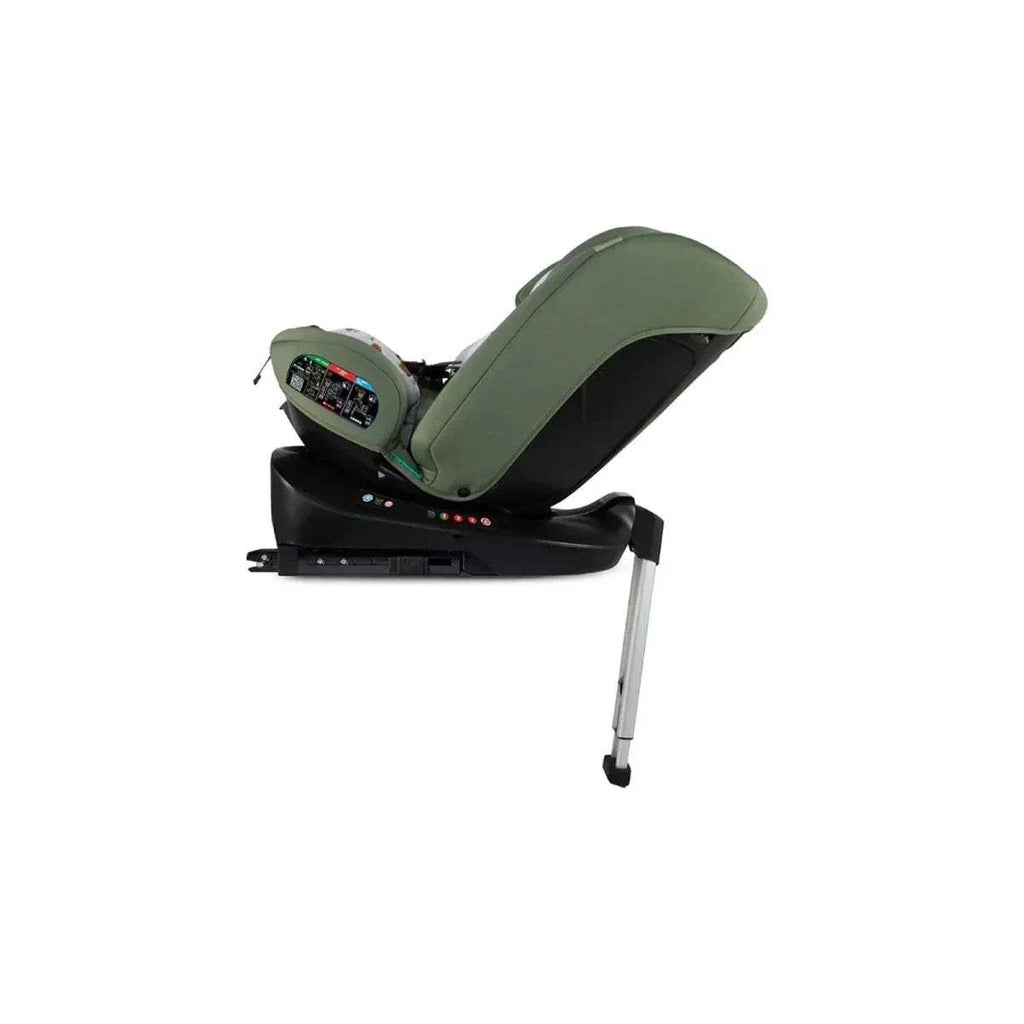 Olive-green car seat with side profile, black base, and adjustable recline