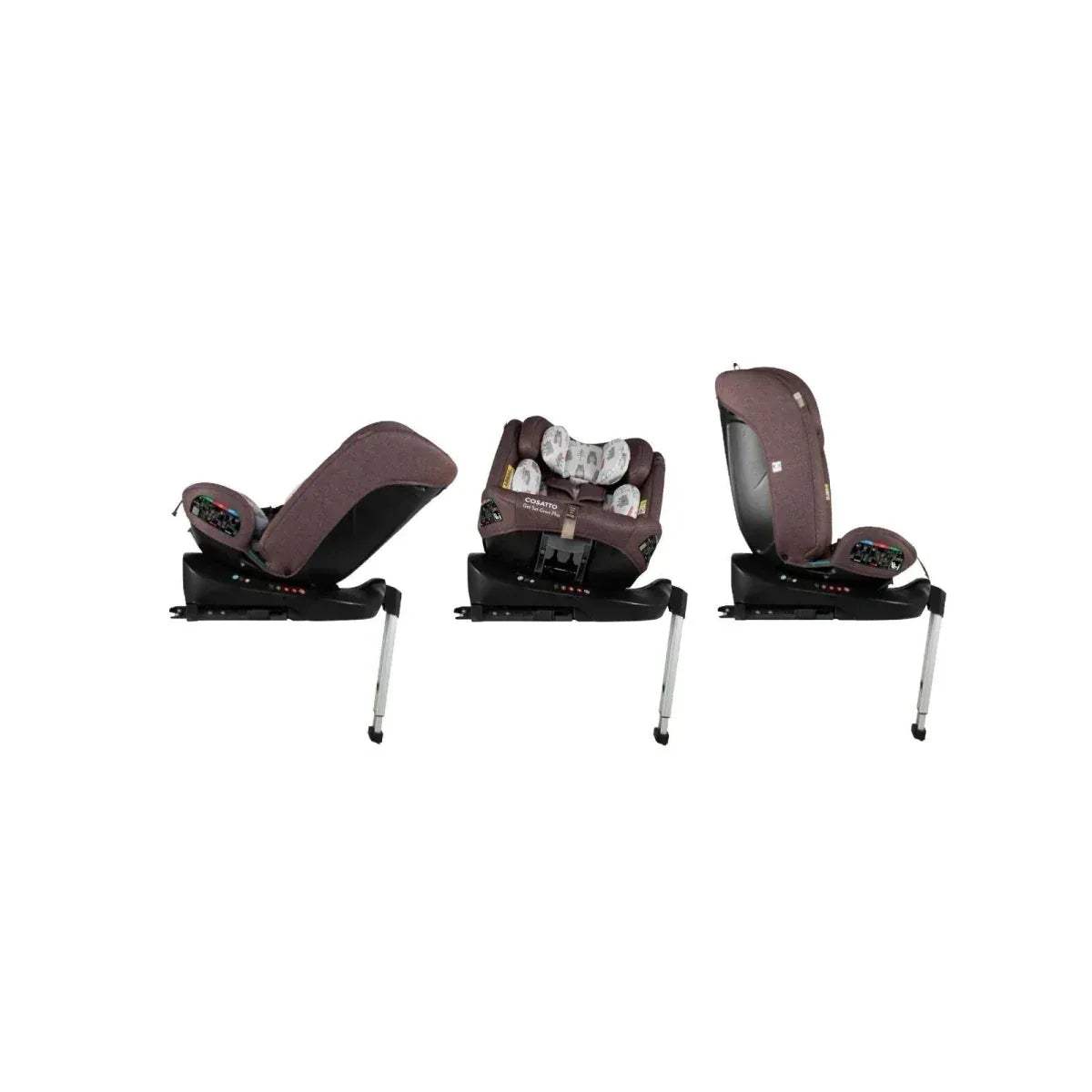 Cosatto group 0-1-2-3 car seat in brown, side views with recline feature