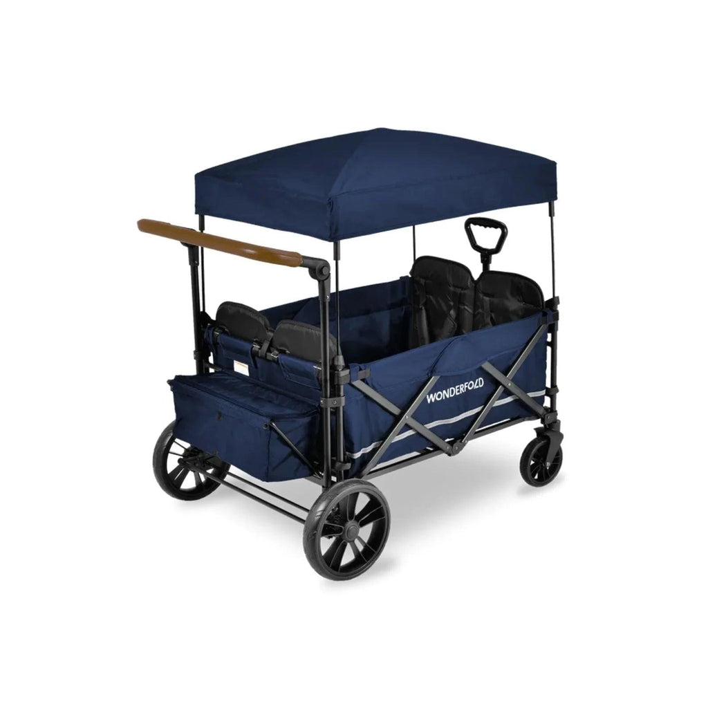 Sapphire navy quad stroller wagon with canopy and wooden-look handlebar