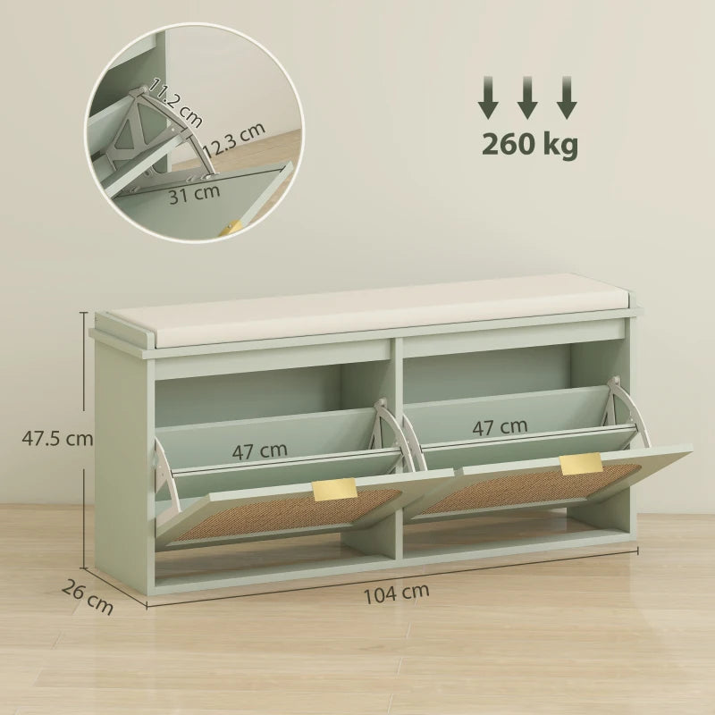 Light green shoe bench with two flip drawers open, padded seat, adjustable compartments