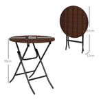 Foldable round PE rattan coffee table with brown top and black folding stand