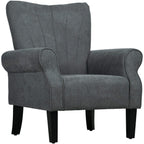 Grey upholstered accent chair with rolled arms and wood legs